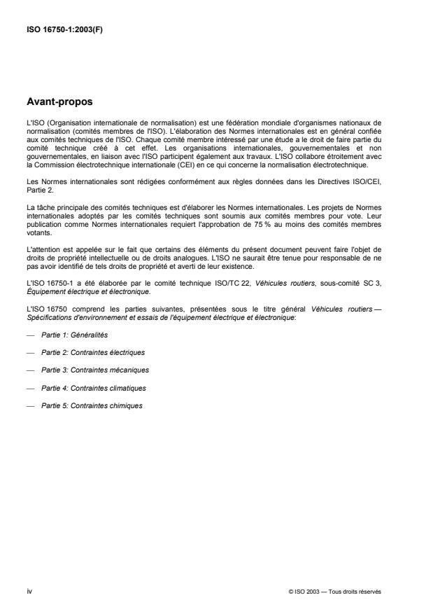 ISO 16750-1:2003 ISO 16750-1:2003 - Véhicules routiers -- Spécifications d'environnement et essais de l'équipement électrique et électronique - Page 4 preview