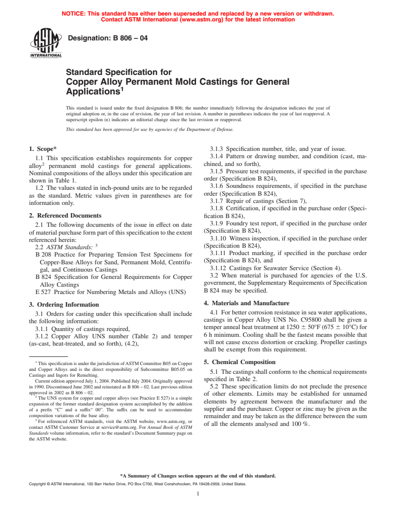 ASTM B806-04 - Standard Specification for Copper Alloy Permanent Mold Castings for General Applications