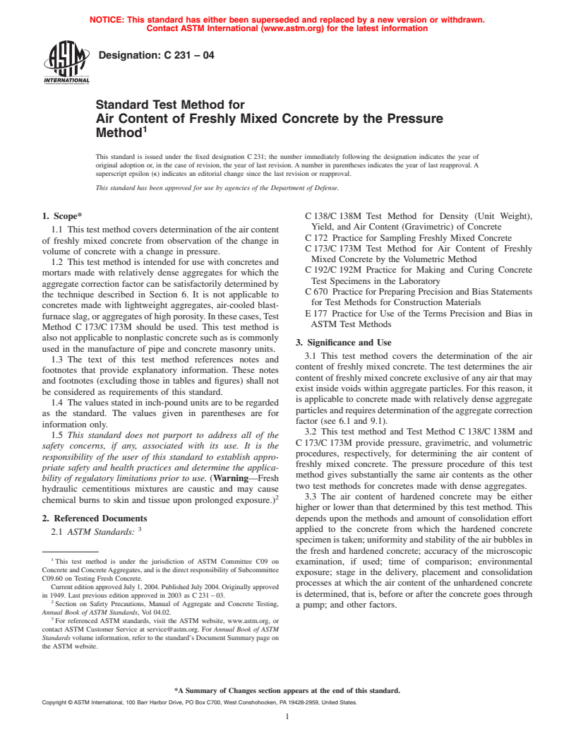 ASTM C231-04 - Standard Test Method for Air Content of Freshly Mixed Concrete by the Pressure Method