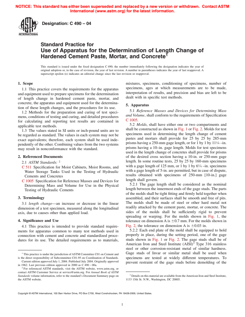 ASTM C490-04 - Standard Practice for Use of Apparatus for the Determination of Length Change of Hardened Cement Paste, Mortar, and Concrete