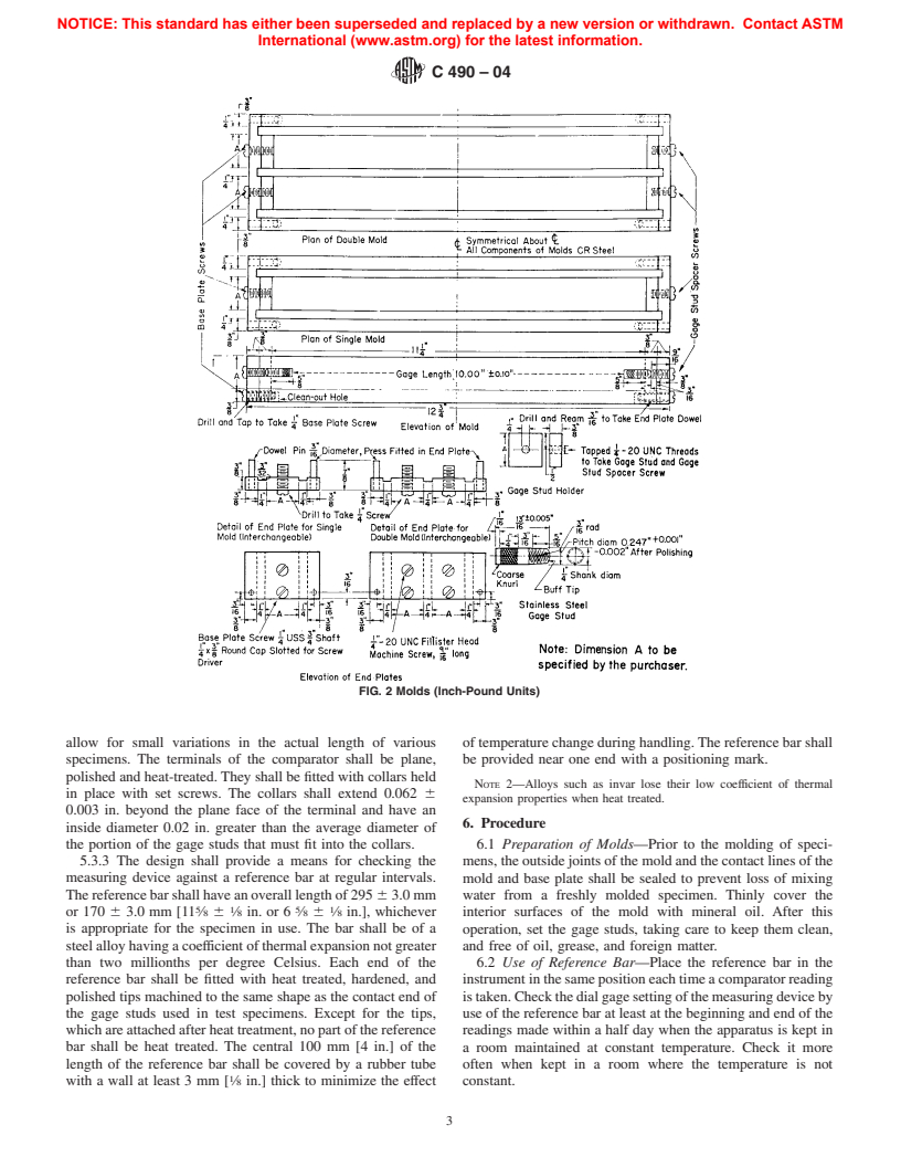 ASTM C490-04 - Standard Practice for Use of Apparatus for the Determination of Length Change of Hardened Cement Paste, Mortar, and Concrete