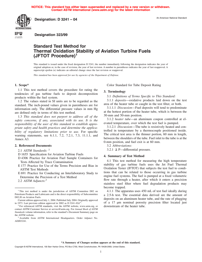 ASTM D3241-04 - Standard Test Method for Thermal Oxidation Stability of Aviation Turbine Fuels (JFTOT Procedure)