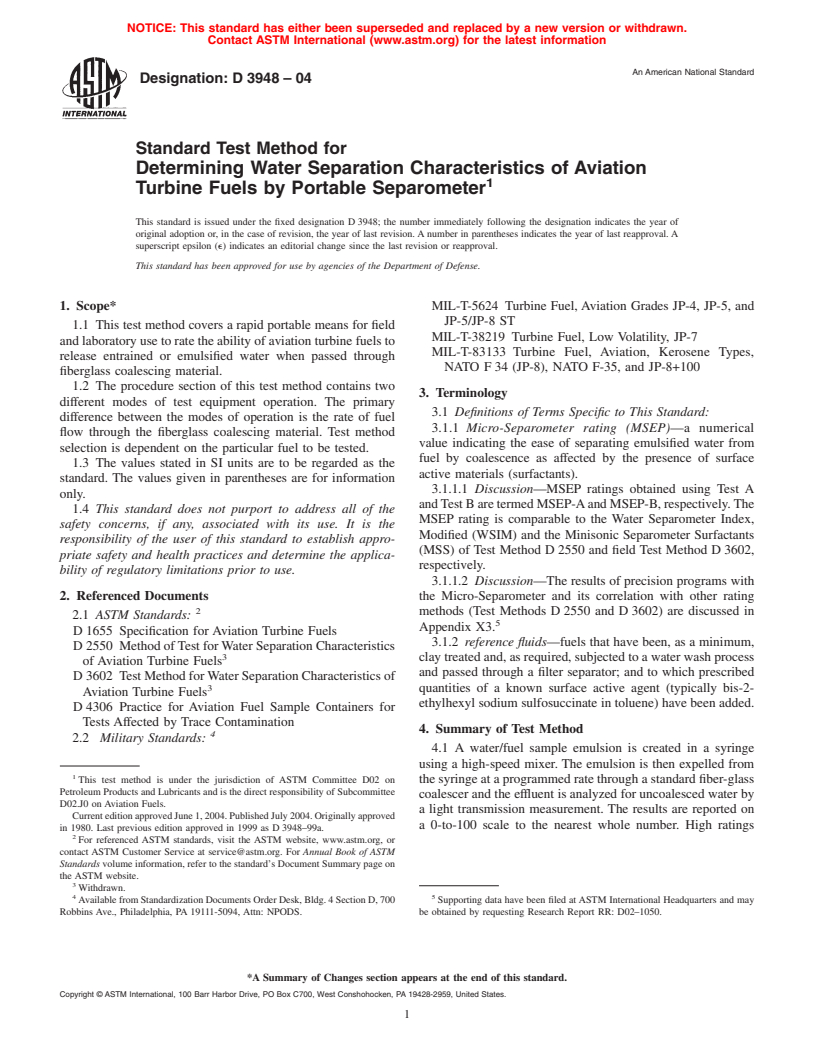 ASTM D3948-04 - Standard Test Method for Determining Water Separation Characteristics of Aviation Turbine Fuels by Portable Separometer