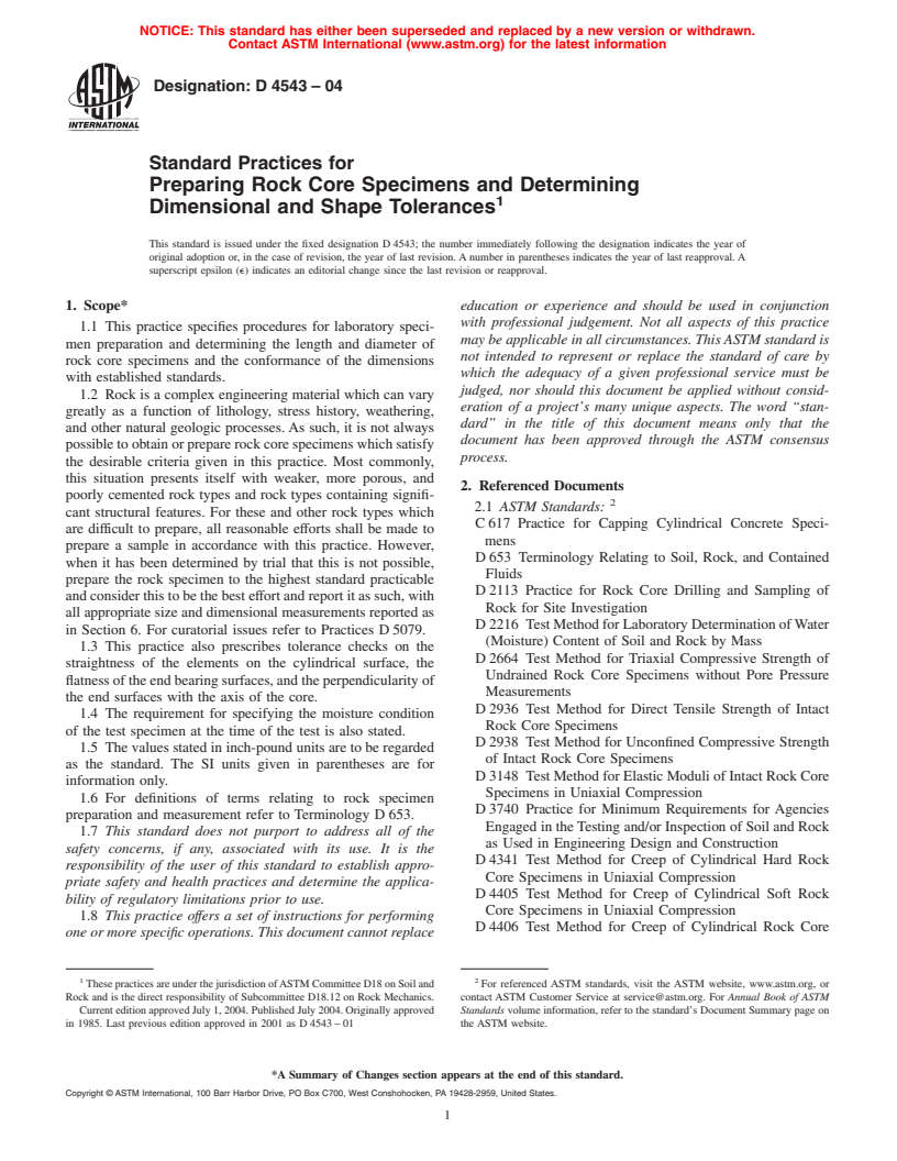 ASTM D4543-04 - Standard Practices for Preparing Rock Core Specimens and Determining Dimensional and Shape Tolerances