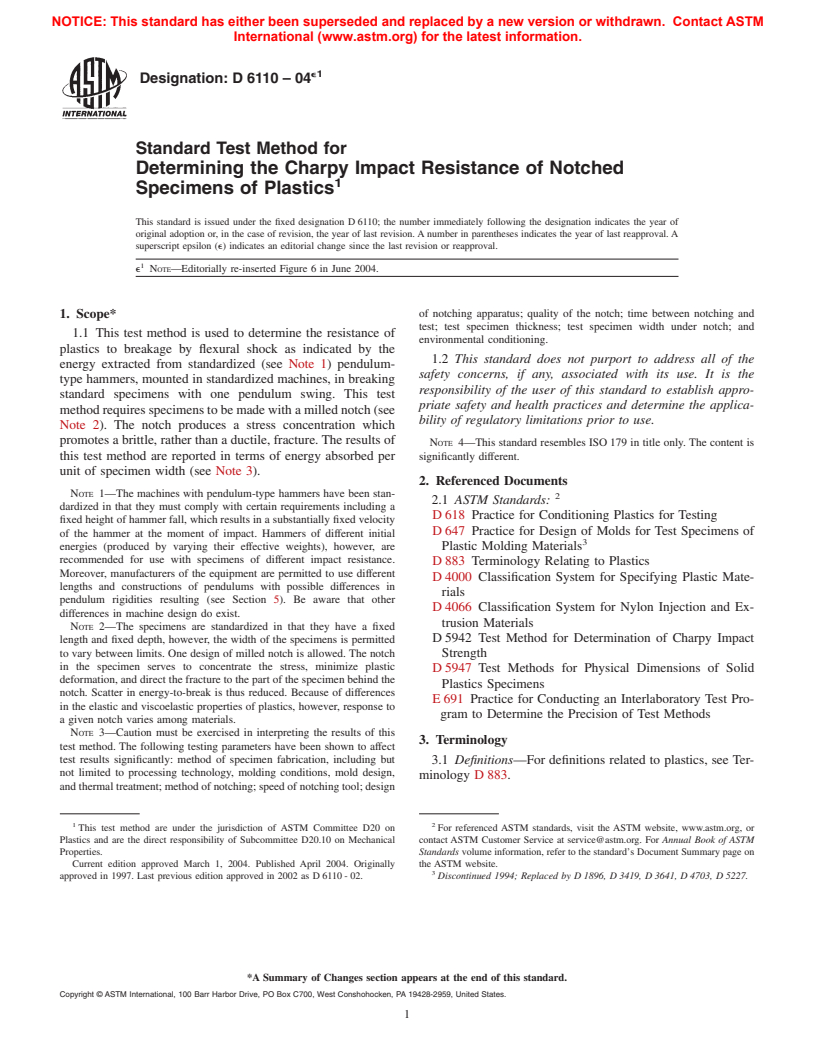 ASTM D6110-04e1 - Standard Test Methods for Determining the Charpy Impact Resistance of Notched Specimens of Plastics