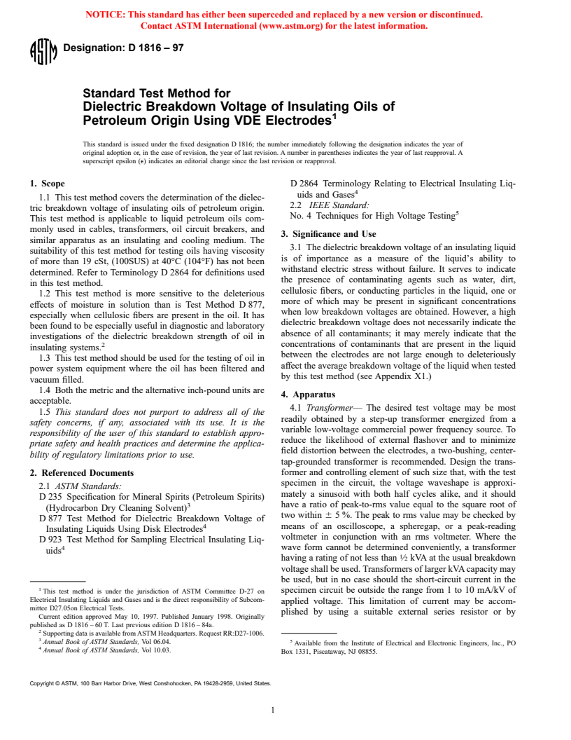 ASTM D1816-97 - Standard Test Method for Dielectric Breakdown Voltage of Insulating Oils of Petroleum Origin Using VDE Electrodes