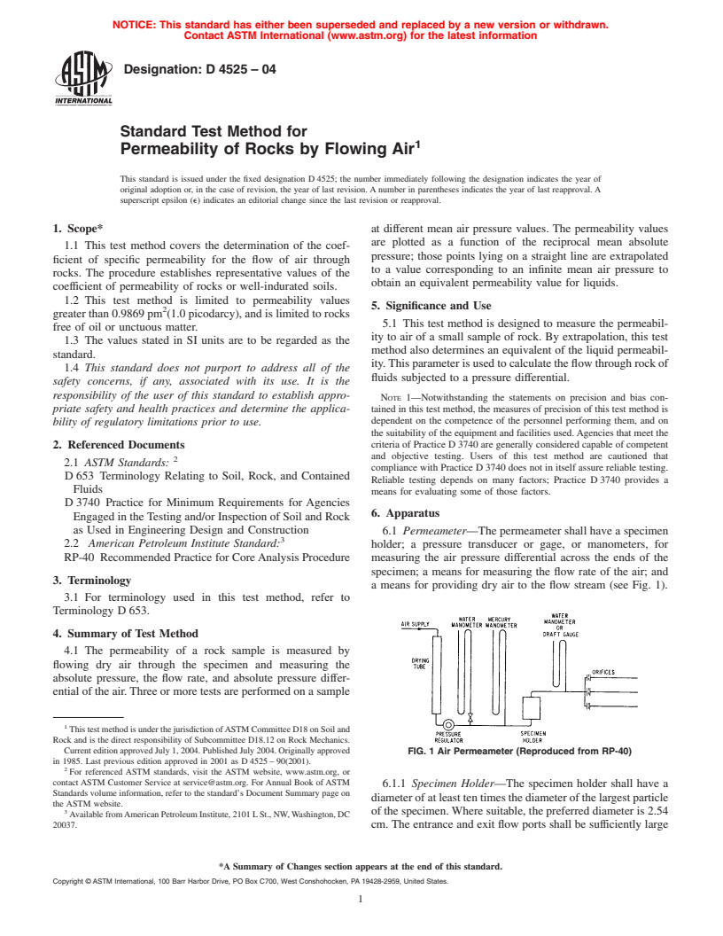 ASTM D4525-04 - Standard Test Method for Permeability of Rocks by Flowing Air