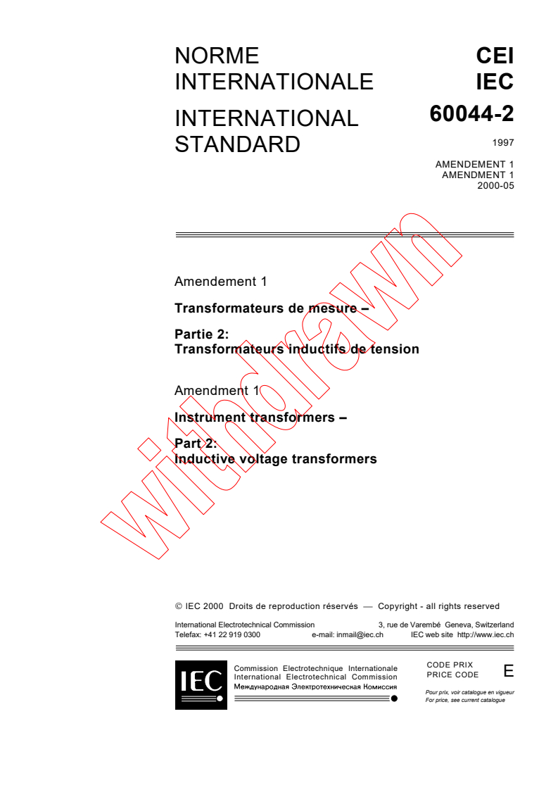IEC 60044-2:1997/AMD1:2000 - Amendment 1 - Instrument transformers - Part 2: Inductive voltage transformers
Released:5/30/2000
Isbn:2831852323
