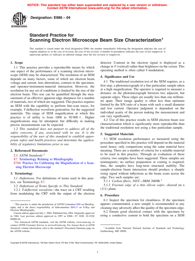 ASTM E986-04 - Standard Practice for Scanning Electron Microscope Beam Size Characterization