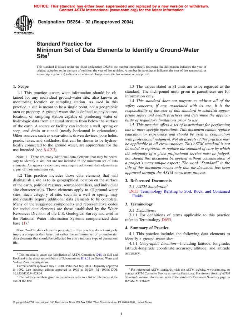 ASTM D5254-92(2004) - Standard Practice for Minimum Set of Data Elements to Identify a Ground-Water Site