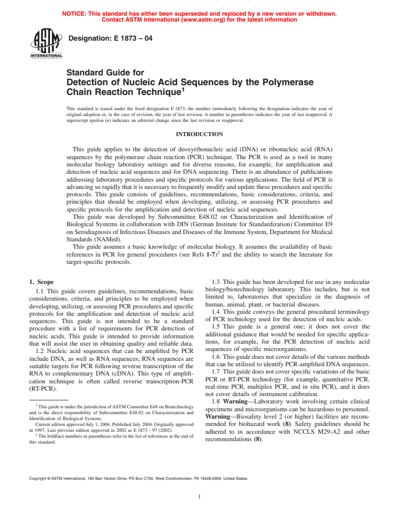 ASTM E1873-04 - Standard Guide for Detection of Nucleic Acid Sequences by the Polymerase Chain Reaction Technique