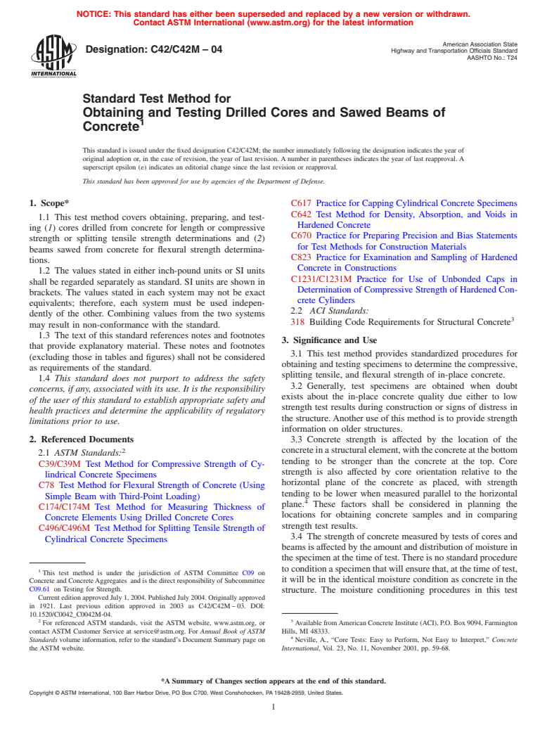 ASTM C42/C42M-04 - Standard Test Method for Obtaining and Testing Drilled Cores and Sawed Beams of Concrete