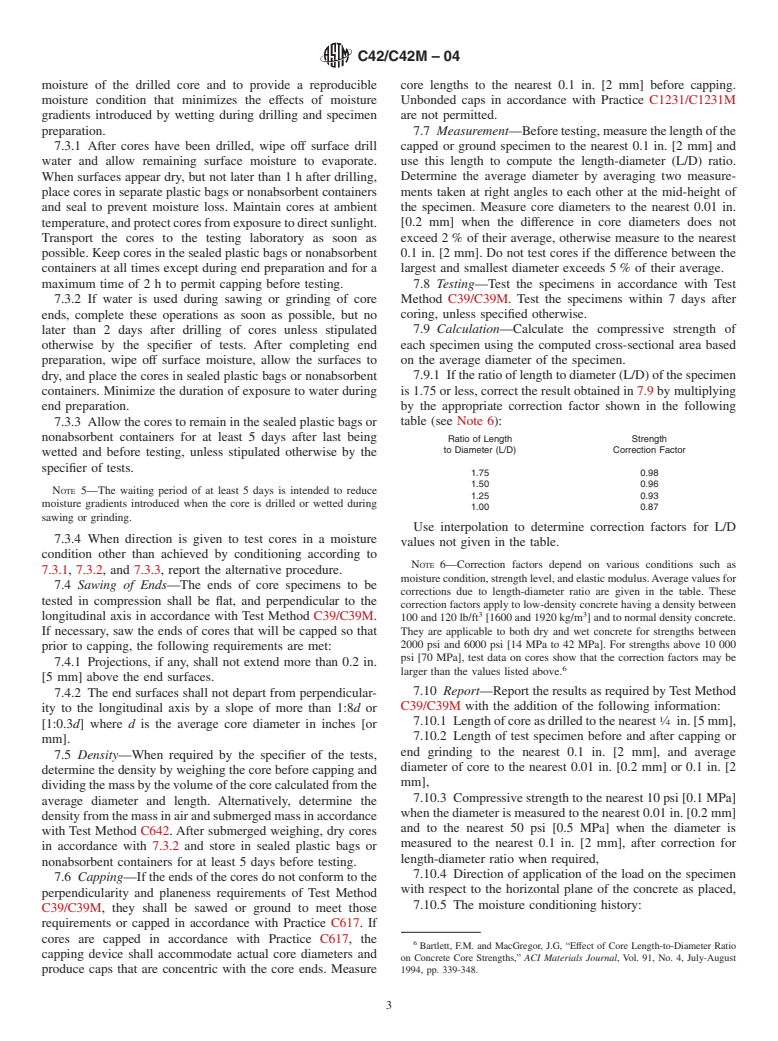 ASTM C42/C42M-04 - Standard Test Method for Obtaining and Testing Drilled Cores and Sawed Beams of Concrete