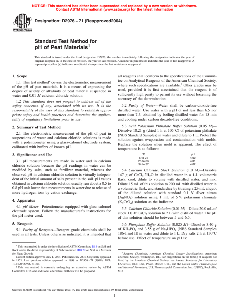 ASTM D2976-71(2004) - Standard Test Method for pH of Peat Materials (Withdrawn 2013)