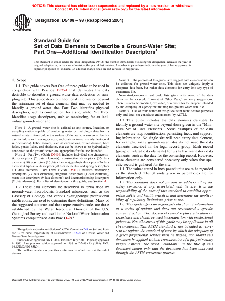 ASTM D5408-93(2004) - Standard Guide for Set of Data Elements to Describe a Ground-Water Site; Part One-Additional Identification Descriptors