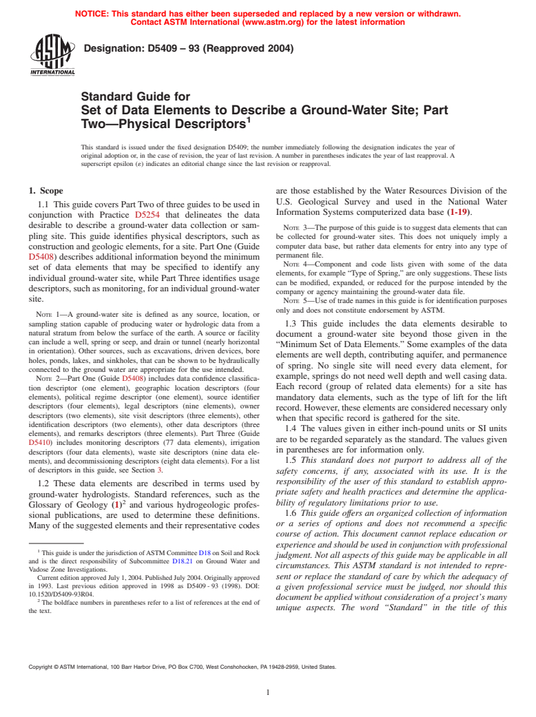 ASTM D5409-93(2004) - Standard Guide for Set of Data Elements to Describe a Ground-Water Site; Part Two-Physical Descriptors