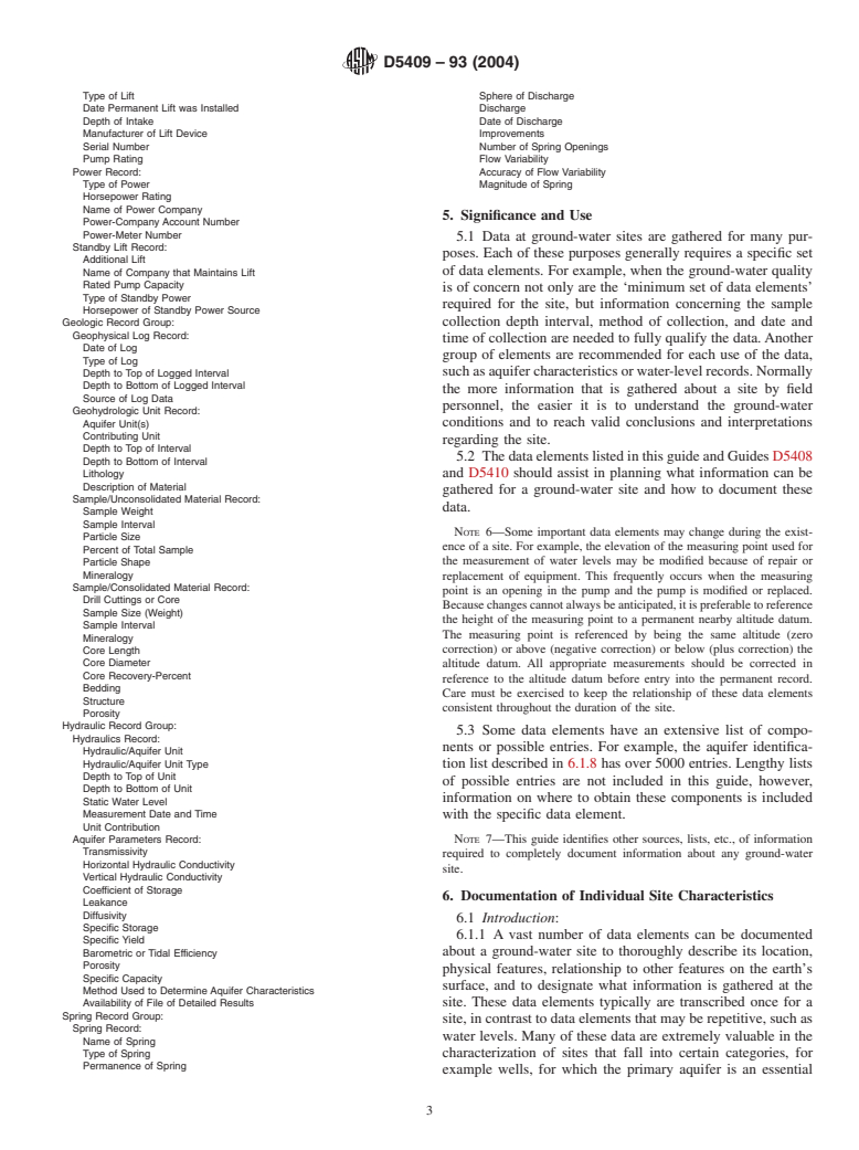 ASTM D5409-93(2004) - Standard Guide for Set of Data Elements to Describe a Ground-Water Site; Part Two-Physical Descriptors