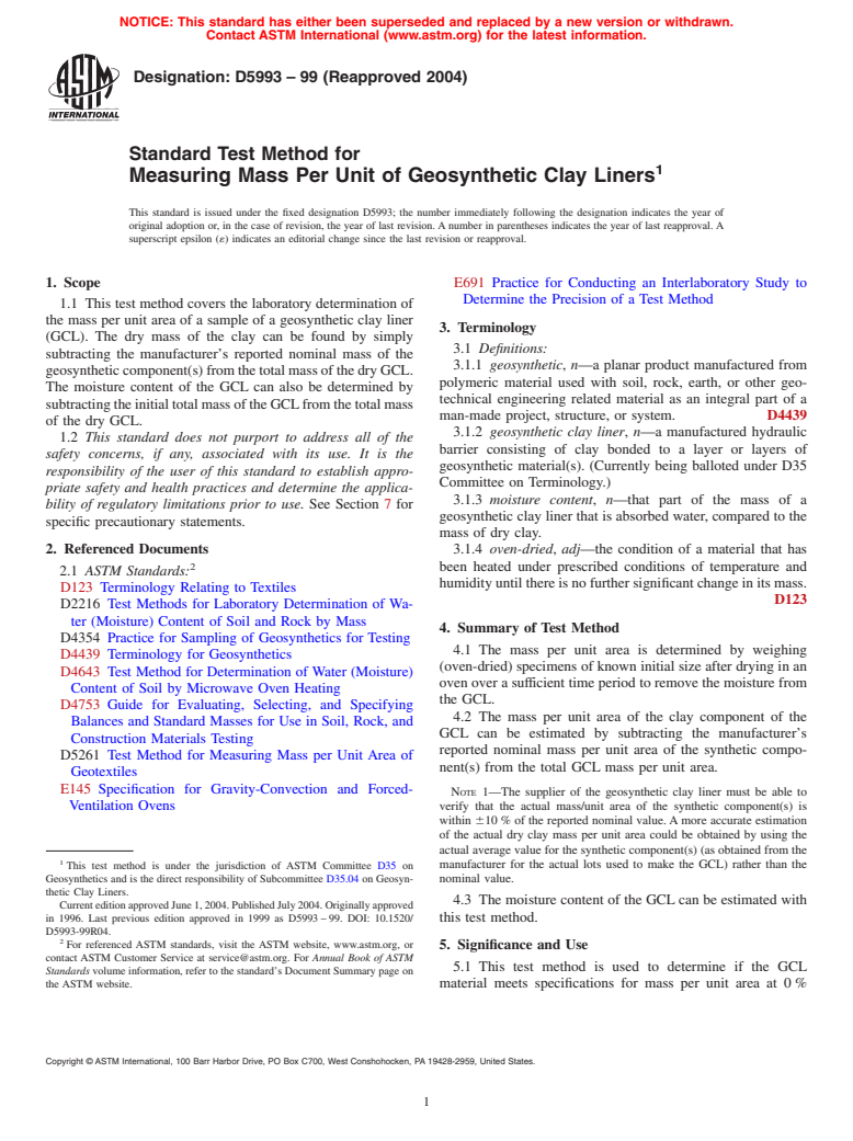 ASTM D5993-99(2004) - Standard Test Method for Measuring Mass Per Unit of Geosynthetic Clay Liners