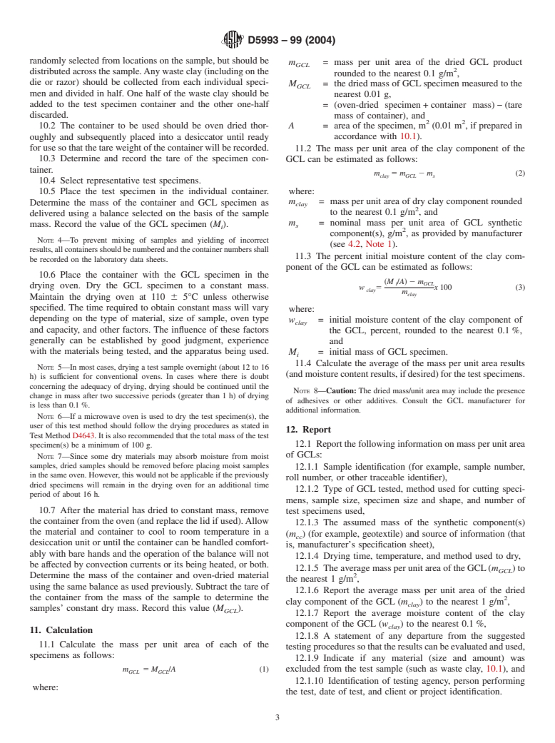 ASTM D5993-99(2004) - Standard Test Method for Measuring Mass Per Unit of Geosynthetic Clay Liners