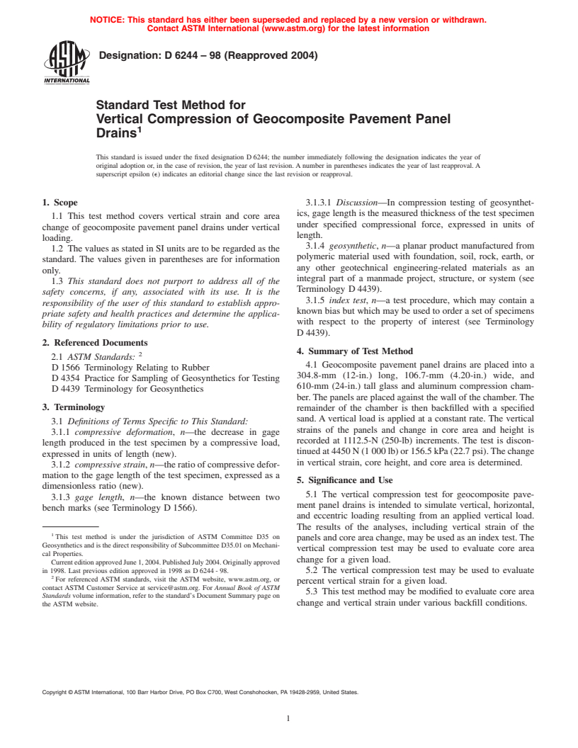 ASTM D6244-98(2004) - Standard Test Method for Vertical Compression of Geocomposite Pavement Panel Drains