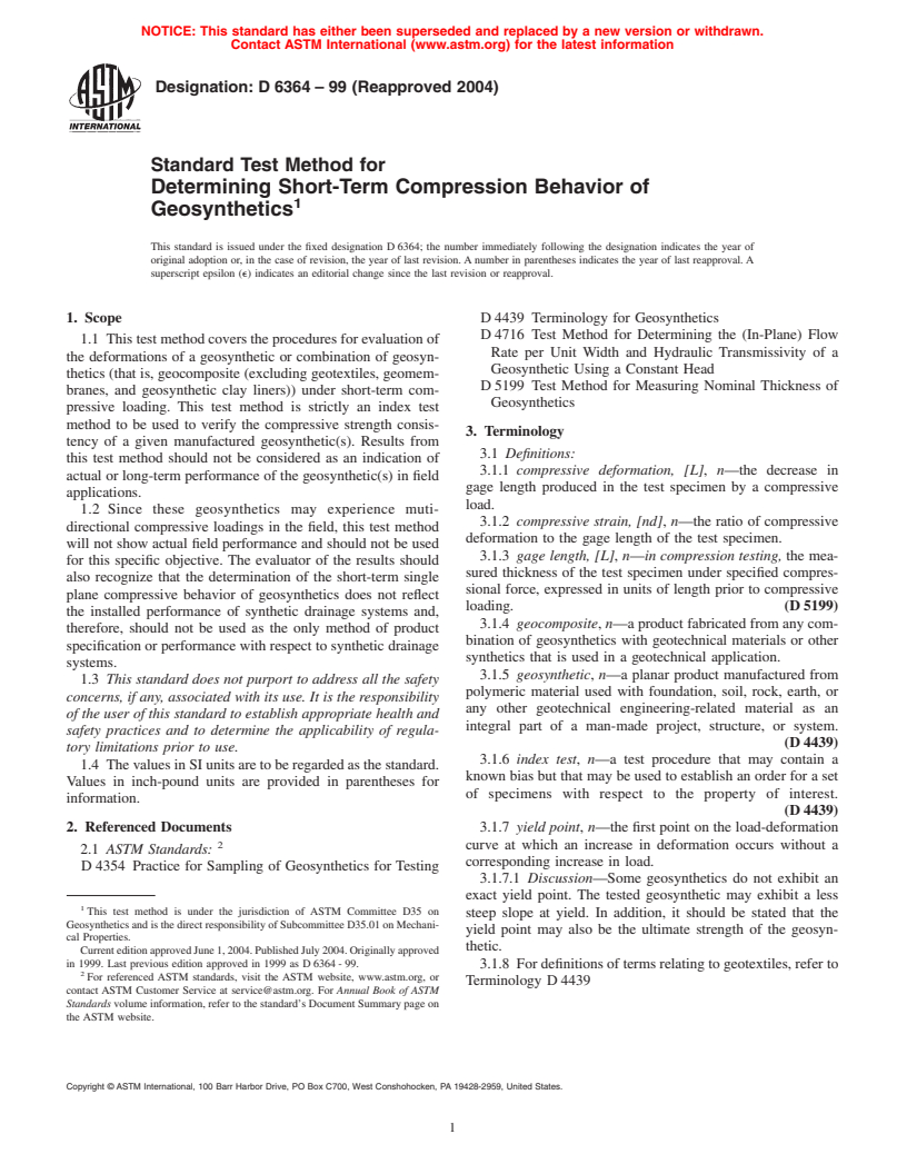 ASTM D6364-99(2004) - Standard Test Method for Determining the Short-Term Compression Behavior of Geosynthetics