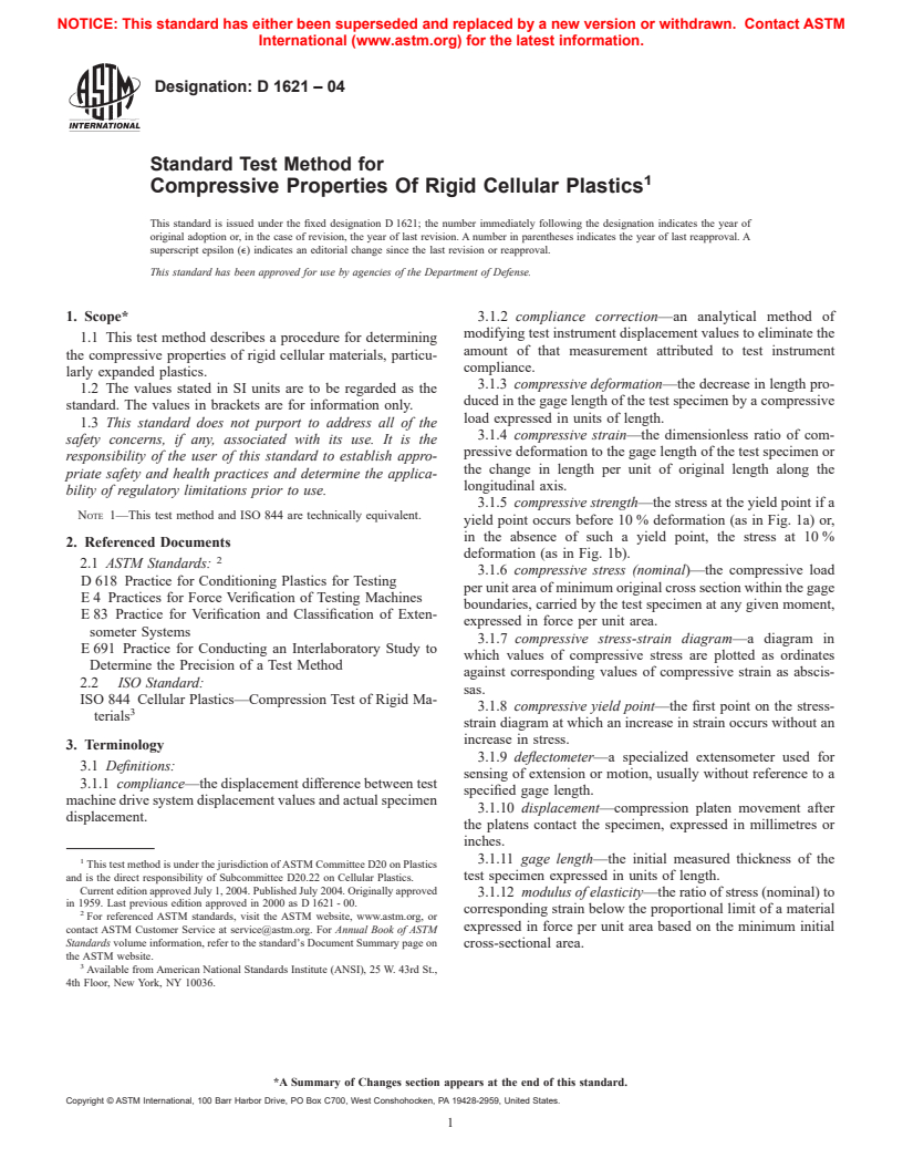 ASTM D1621-04 - Standard Test Method for Compressive Properties Of Rigid Cellular Plastics