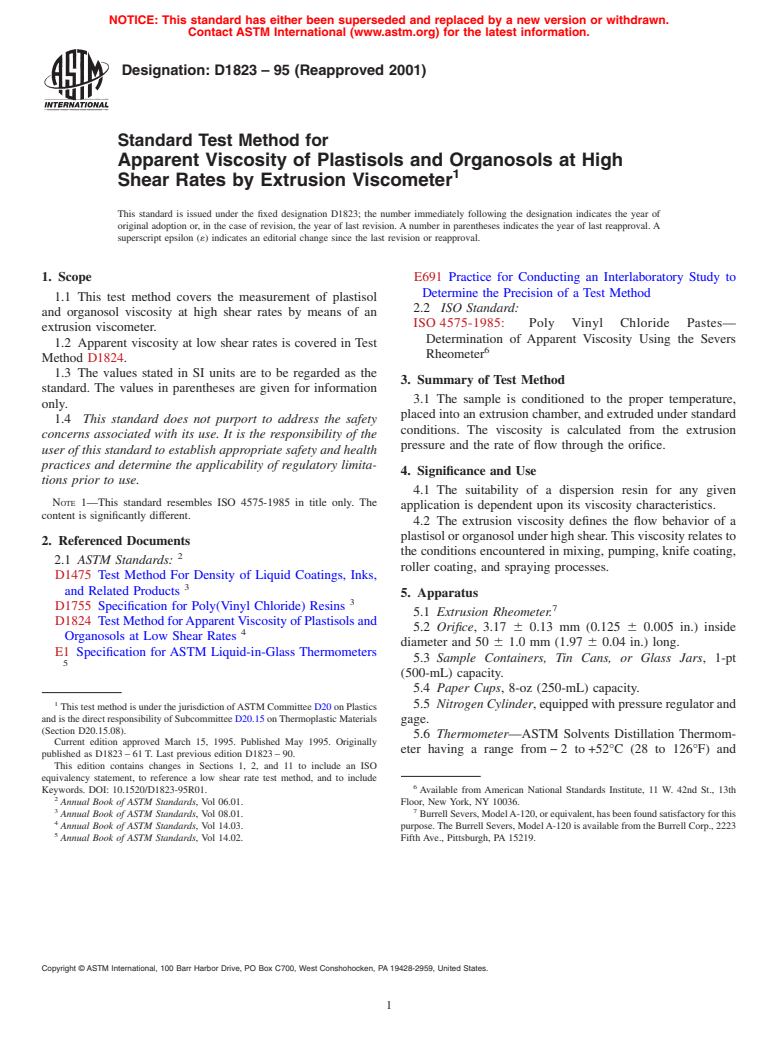 ASTM D1823-95(2001) - Standard Test Method for Apparent Viscosity of Plastisols and Organosols at High Shear Rates by Extrusion Viscometer