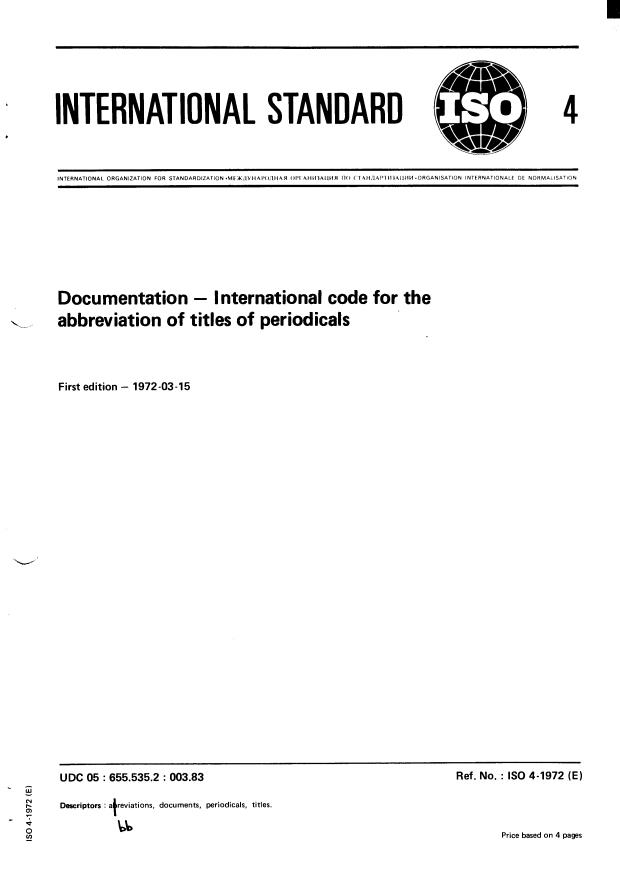 ISO 4:1972 - Documentation -- International code for the abbreviation of titles of periodicals