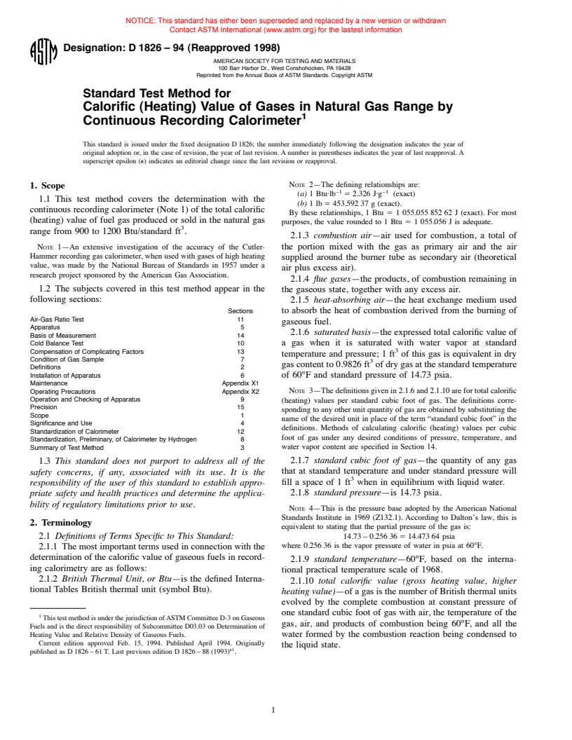 ASTM D1826-94(1998) - Standard Test Method for Calorific (Heating) Value of Gases in Natural Gas Range by Continuous Recording Calorimeter