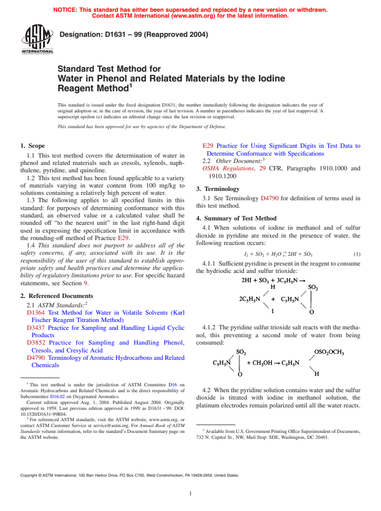 ASTM D1631-99(2004) - Standard Test Method for Water in Phenol and Related Materials by the Iodine Reagent Method