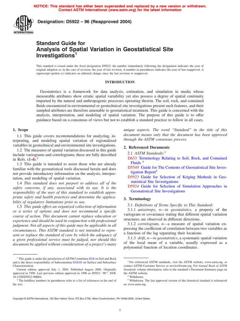 ASTM D5922-96(2004) - Standard Guide for Analysis of Spatial Variation in Geostatistical Site Investigations