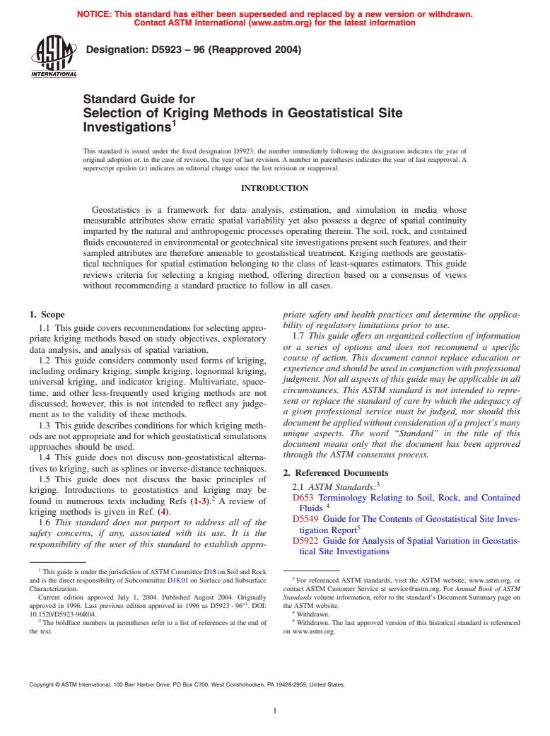 ASTM D5923-96(2004) - Standard Guide for Selection of Kriging Methods in Geostatistical Site Investigations