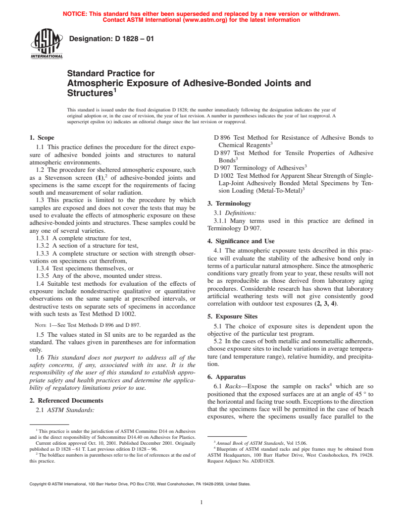 ASTM D1828-01 - Standard Practice for Atmospheric Exposure of Adhesive-Bonded Joints and Structures