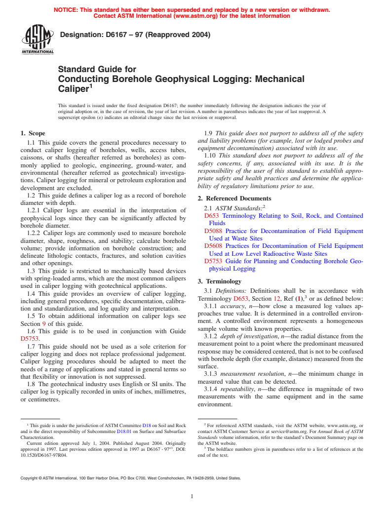 ASTM D6167-97(2004) - Standard Guide for Conducting Borehole Geophysical Logging: Mechanical Caliper