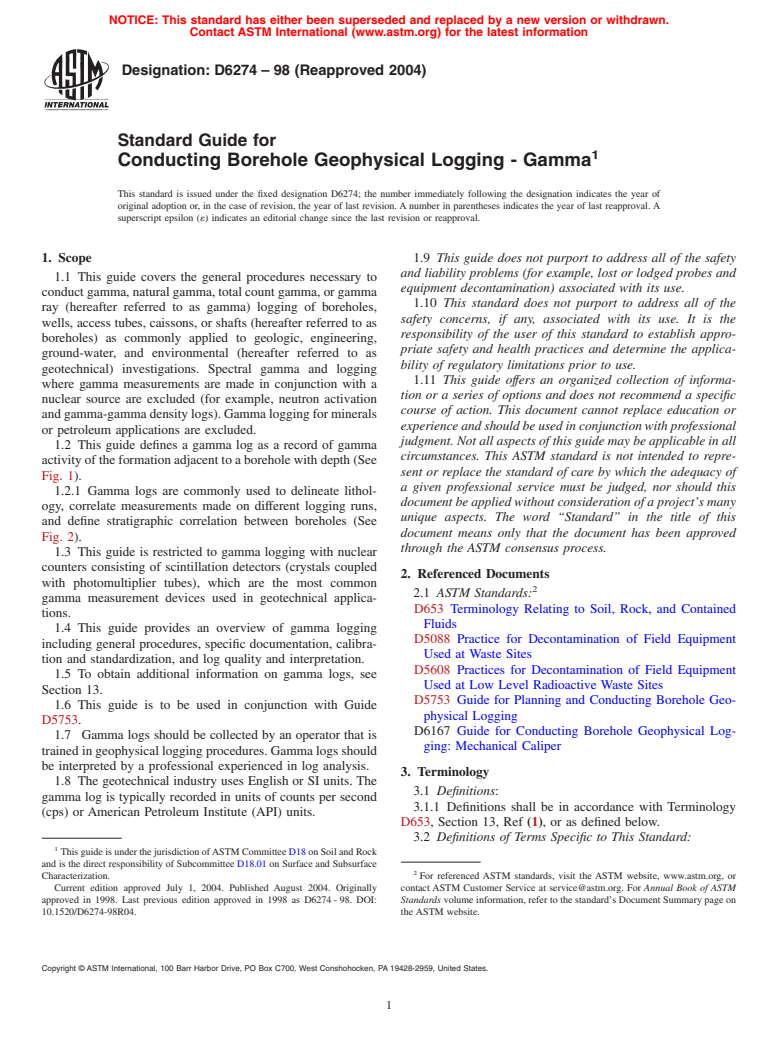 ASTM D6274-98(2004) - Standard Guide for Conducting Borehole Geophysical Logging-Gamma