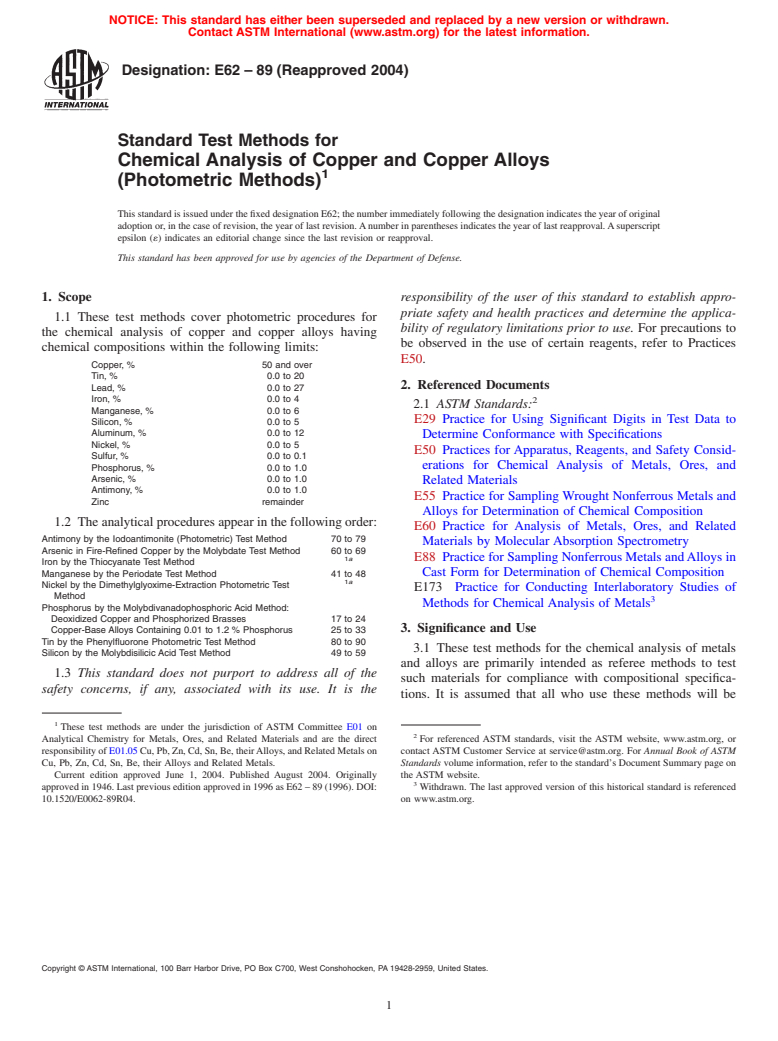 ASTM E62-89(2004) - Standard Test Methods for Chemical Analysis of Copper and Copper Alloys (Photometric Methods) (Withdrawn 2010)