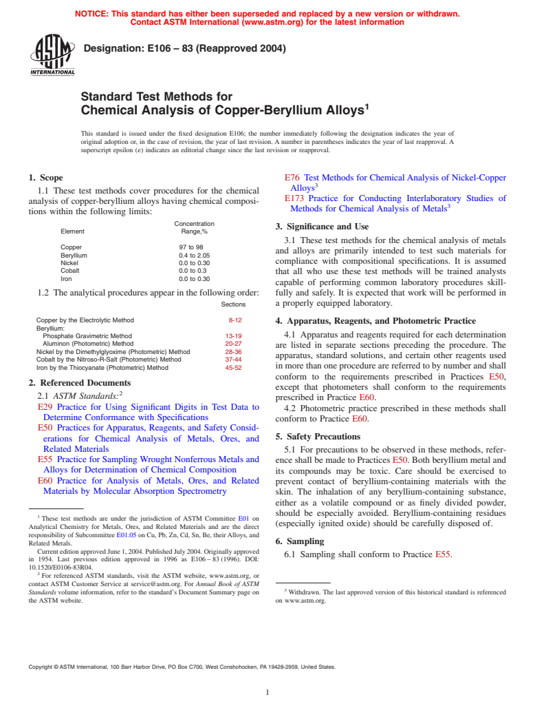 ASTM E106-83(2004) - Standard Test Methods for Chemical Analysis of Copper-Beryllium Alloys (Withdrawn 2011)