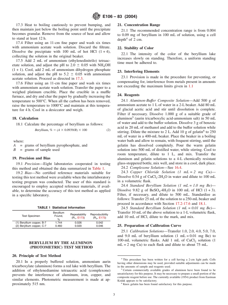 ASTM E106-83(2004) - Standard Test Methods for Chemical Analysis of Copper-Beryllium Alloys (Withdrawn 2011)