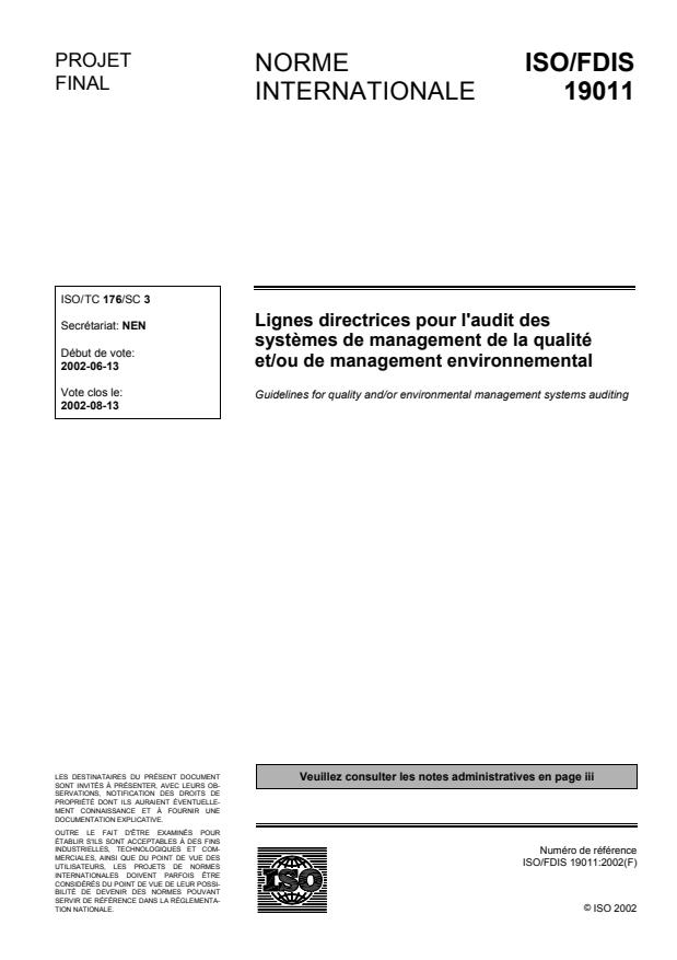 ISO/FDIS 19011-A - Lignes directrices pour l'audit des systèmes de management de la qualité et/ou de management environnemental