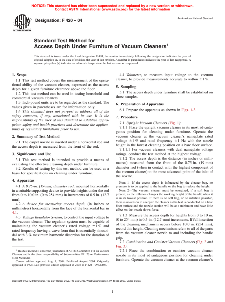 ASTM F420-04 - Standard Test Method for Access Depth Under Furniture of Vacuum Cleaners