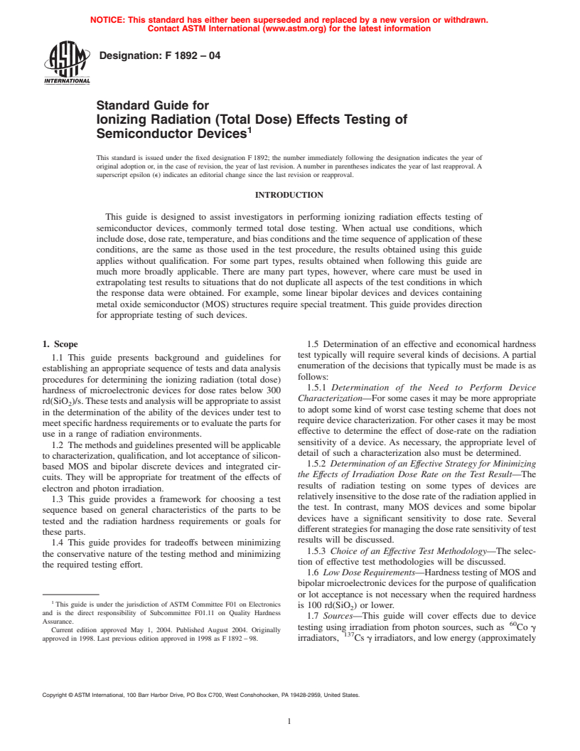 ASTM F1892-04 - Standard Guide for Ionizing Radiation (Total Dose) Effects Testing of Semiconductor Devices