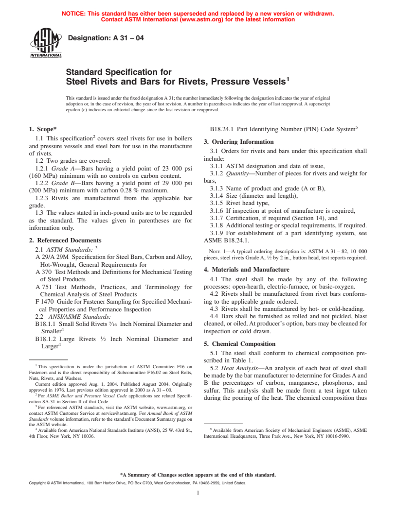 ASTM A31-04 - Standard Specification for Steel Rivets and Bars for Rivets, Pressure Vessels