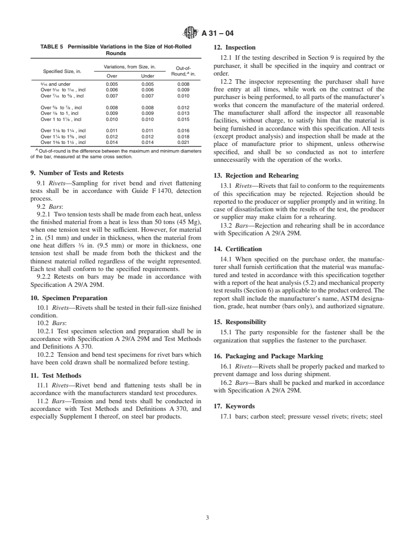 ASTM A31-04 - Standard Specification for Steel Rivets and Bars for Rivets, Pressure Vessels