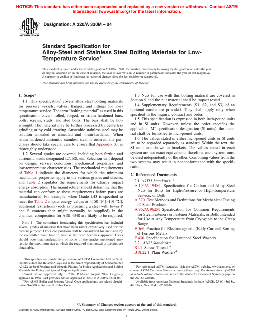 ASTM A320/A320M-04 - Standard Specification for Alloy-Steel and Stainless Steel Bolting Materials for Low-Temperature Service