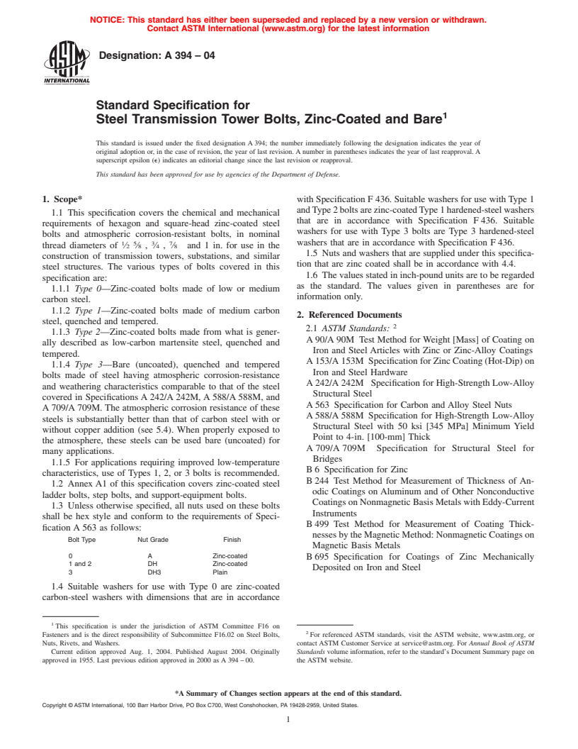 ASTM A394-04 - Standard Specification for Steel Transmission Tower Bolts, Zinc-Coated and Bare