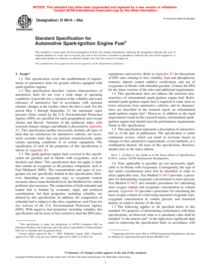 ASTM D4814-04a - Standard Specification for Automotive Spark-Ignition Engine Fuel