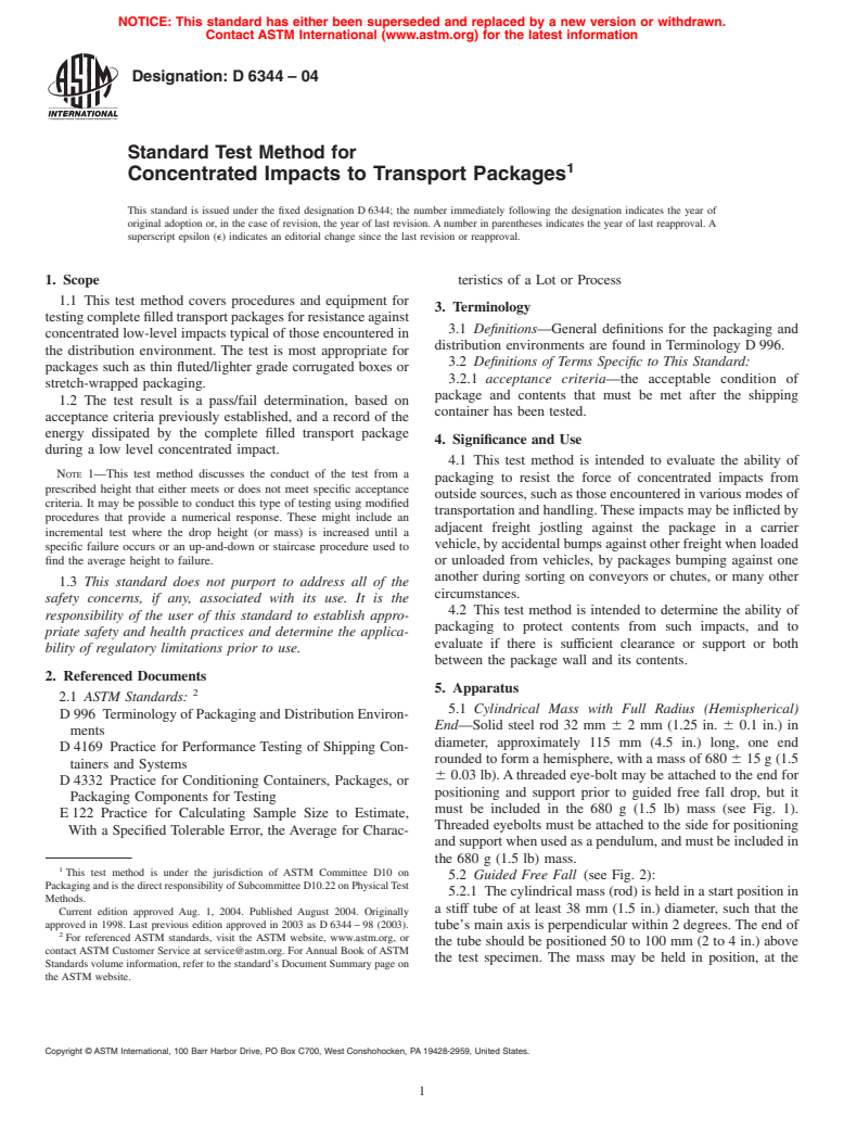 ASTM D6344-04 - Standard Test Method for Concentrated Impacts to Transport Packages