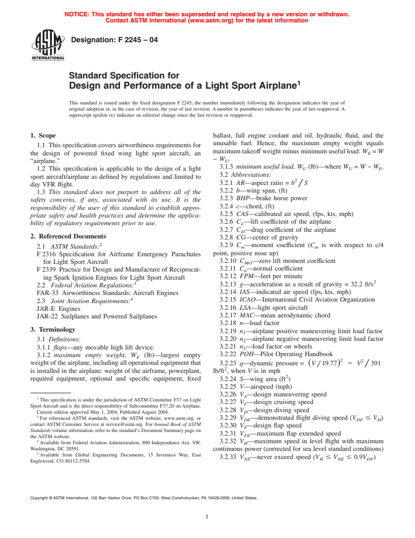 ASTM F2245-04 - Standard Specification for Design and Performance of a Light Sport Airplane