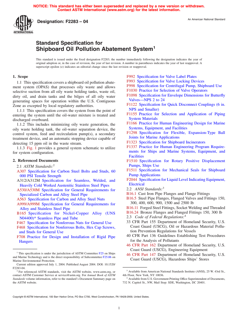 ASTM F2283-04 - Standard Specification for Shipboard Oil Pollution Abatement System