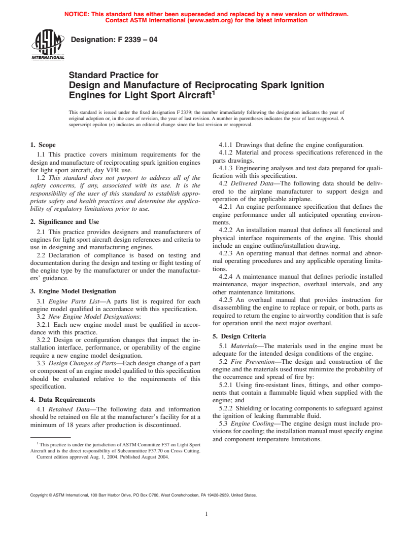 ASTM F2339-04 - Standard Practice for Design and Manufacture of Reciprocating Spark Ignition Engines for Light Sport Aircraft